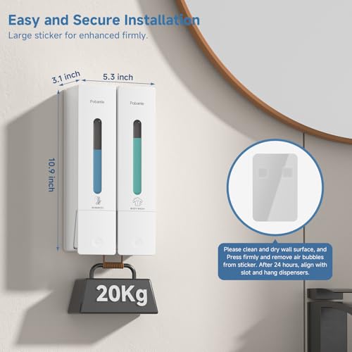 Shampoo Dispenser for Shower - Shower Soap Dispenser Wall Mounted No Drill - Shampoo Body Wash Dispenser 2 Chamber - Easy Install for Bathroom Hotel White 800ml - color: White 2