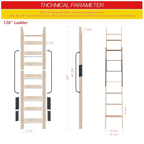 120" Solid Wood Sliding Library Ladder,10 Step Wooden Ladder with Handrails - size: Height 120"