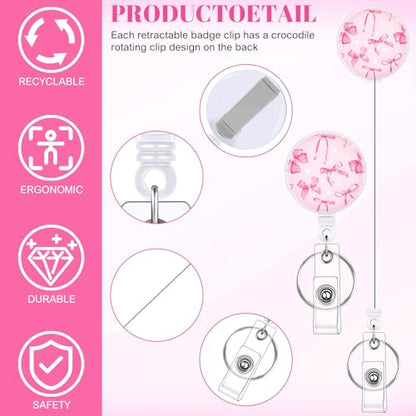 3 Pack Bow Badge Holder Set, Retractable ID Reel with Clip, Pink - color: Pink Bow