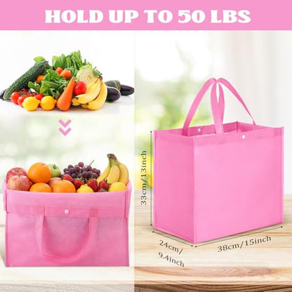 Boao 48 Pack Reusable Grocery Bags 13''L x 9.4''W x 15''H Large Foldable Shopping Tote Bag Non Woven with Handle and Button - color: Pink