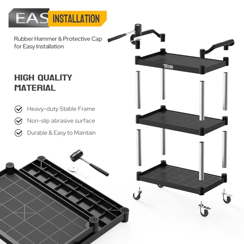 TUFFIOM 3-Tier Plastic Service Utility Cart with Wheels, Heavy Duty 390lbs Capacity, Commercial Rolling Ideal for Restaurant, Foodservice, Office, Warehouse, Black 24.6''L x 15.8''W x 37.4''H - size: Black 24.6''L x 15.8''W x 37.4''H