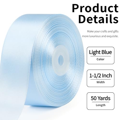 Mauproy Light Blue Satin Ribbon,1-1/2 Inch, 50 Yards - color: Light Blue