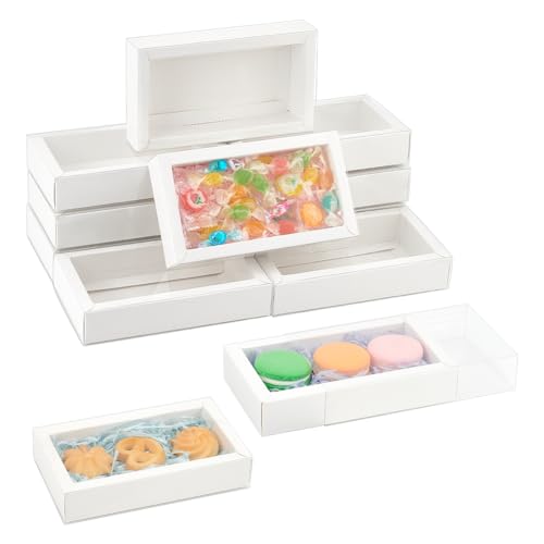 NBEADS 12 Pcs Rectangle Drawer Kraft Boxes, 5.5x2.7x1.26 Inch Gift Packaging Case Foldable Paper Drawer Boxes with Clear Plastic Cover for Party Favor Treats Candy and Jewelry Crafts, White - color: White