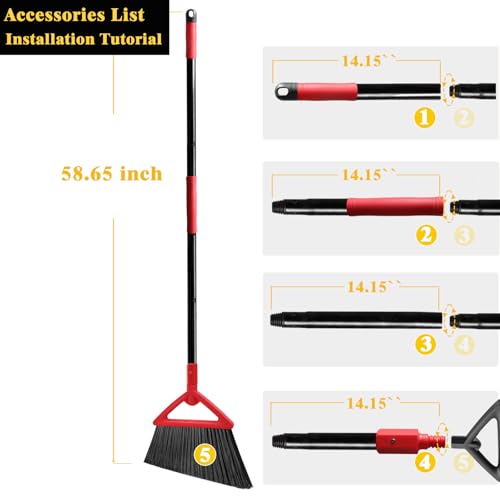 Heavy Duty Angle Broom, 3 Pack Longer Commercial Brooms, Swipe Brooms for Sweeping Indoor Outdoor, Perfect Red Broom of Kitchen, Garage, House, Restaurant - color: Red *3p