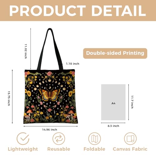 Cute Canvas Tote Bag for Women, Book Totebag with Zipper Pocket - color: Butterfly Moon Floral