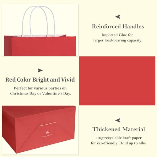 BagDream Gift Paper Bags with Handles 10x5x13 Inch Bright Red 100 Pack Bulk - color: Red