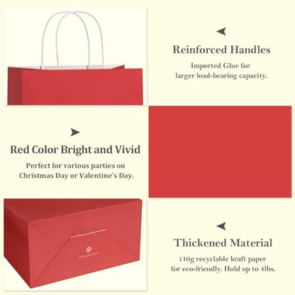 BagDream Gift Paper Bags with Handles 10x5x13 Inch Bright Red 100 Pack Bulk - color: Red