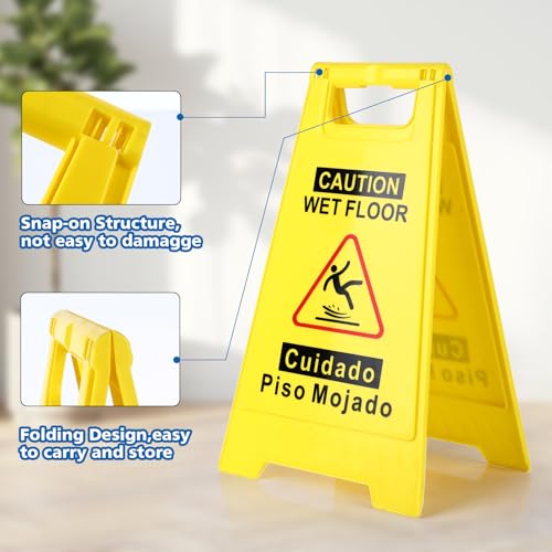 WOUSEDO 6-Pack Caution Wet Floor Sign,17.5" Height,Bright Yellow Double-Sided Folding A-Shaped Frame Design, Bilingual Caution Message - color: 6PACK Yellow