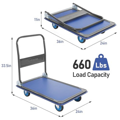 Olympia Tools Foldable Push Cart Dolly - 600 Lb. Capacity Heavy Duty Platform Truck with 360° Swivel Wheels - Blue - style: 600 Lb.