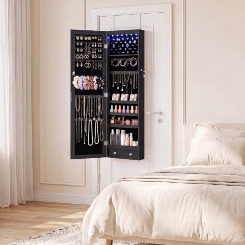 DUMOS 6 LEDs Mirror Jewelry Organizer Cabinet, Jewelry Armoire, 47.2 Inch - color: Black