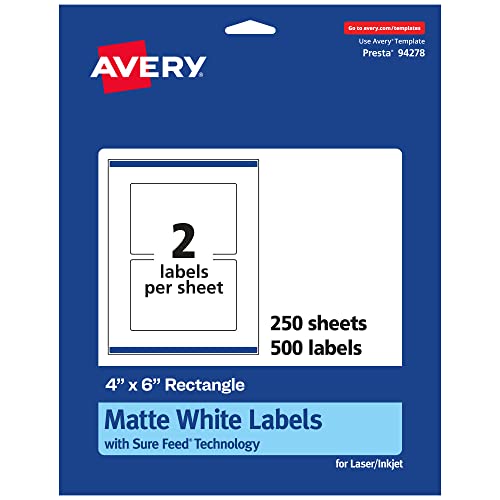 Avery® Matte White Rectangle Labels, Sure Feed® Technology, 4" x 6", 500 White Labels, Print-to-The-Edge, Permanent Adhesive, Laser/Inkjet Printable - style: 500 labels