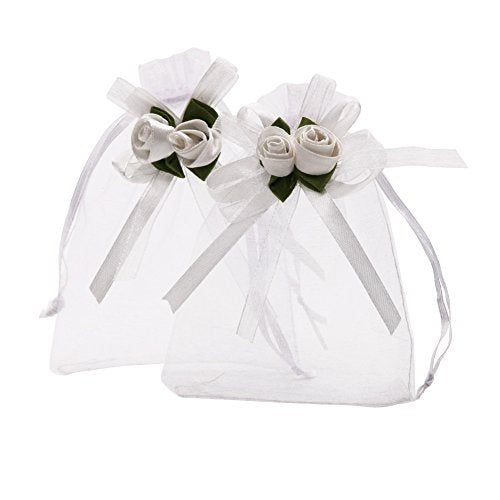 SumDirect Rose Organza Gift Bags - 50Pcs 4x5 inch White Wedding Favor Gift Bags, Jewelry Pouches with Drawstring for Party Wedding Christmas Valentine - color: White