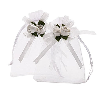 SumDirect Rose Organza Gift Bags - 50Pcs 4x5 inch White Wedding Favor Gift Bags, Jewelry Pouches with Drawstring for Party Wedding Christmas Valentine - color: White