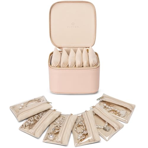 VLANDO Jewelry Travel Case with Clear 6 Velvet Bags,Khaki - color: 6PCS-Khaki