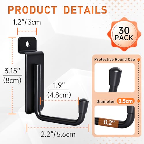 30 Pack J-Shaped Slatwall Hooks, 2 Inch Heavy Duty Slat Wall Hanger, Slatwall Accessories Display Hooks for Garage, Retail Store, Kitchen, Craft Room - size: 2.2 Inch