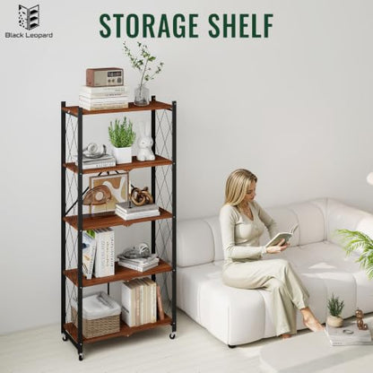 black leopard 5-Tier Foldable Shelf with Wheels, Wood-Grain Steel Shelves