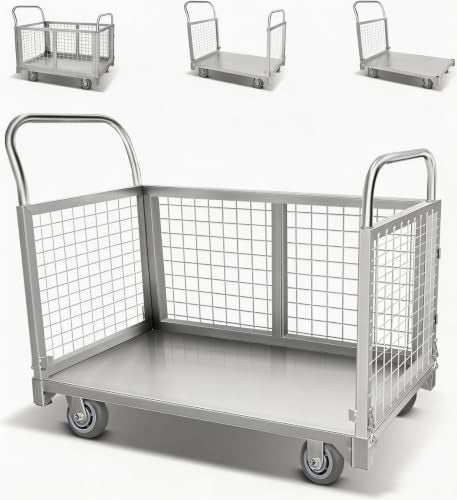 Platform Truck Cart with Cage 3500 LBS, Heavy Duty Utility Cart with Mesh Fence, 5-in-1 Foldable Shopping Cart & Laundry Cart with Wheels for Warehouse Pantry