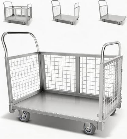 Platform Truck Cart with Cage 3500 LBS, Heavy Duty Utility Cart with Mesh Fence, 5-in-1 Foldable Shopping Cart & Laundry Cart with Wheels for Warehouse Pantry