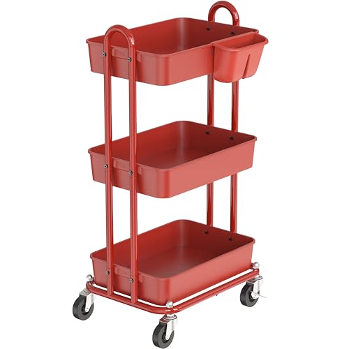 Simple Houseware 3-Tier Rolling Utility Cart with Hanging Bucket, Red - color: Red, size: 3-Tier