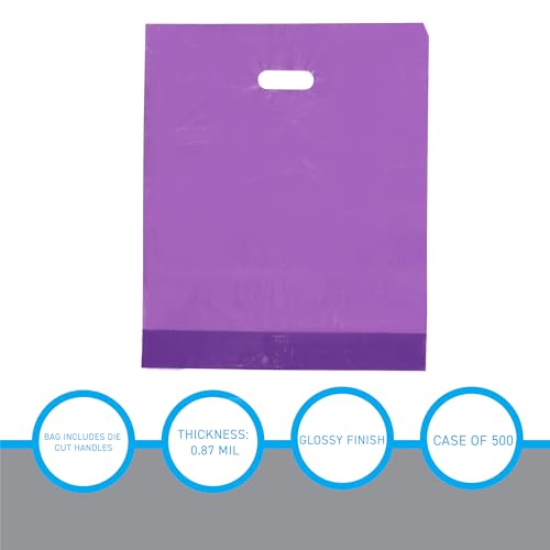 SSWBasics Plastic Merchandise Bags with Handles - Lightweight Purple Plastic Retail Bags - 15" W x 18" H - Pack of 500 - Sleek and Stylish Merchandise Bags for Boutique, Thrift, Gifts, Jewelry