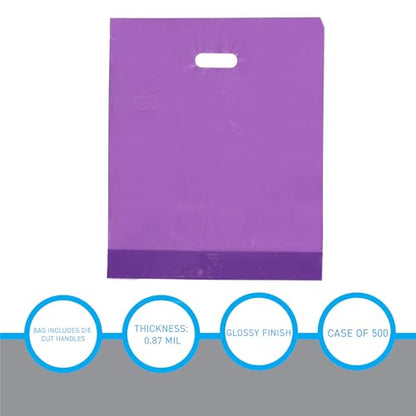 SSWBasics Plastic Merchandise Bags with Handles - Lightweight Purple Plastic Retail Bags - 15" W x 18" H - Pack of 500 - Sleek and Stylish Merchandise Bags for Boutique, Thrift, Gifts, Jewelry