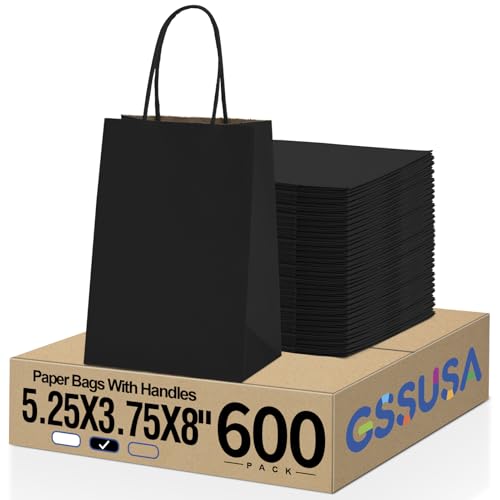 GSSUSA Black Gift Bags 5.25x3.75x8 600Pcs, Paper Bags with Handles Bulk for Small Business - color: Black, size: 5.25x3.75x8 Inch (Pack of 600)