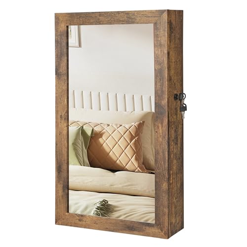 SONGMICS Lockable Jewelry Cabinet Armoire with Mirror, Wall-Mounted - color: Rustic Brown, style: Essential Capacity