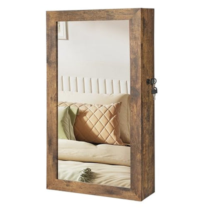 SONGMICS Lockable Jewelry Cabinet Armoire with Mirror, Wall-Mounted - color: Rustic Brown, style: Essential Capacity