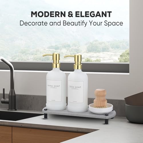 Kitchen Soap Dispenser Set with Instant Dry Tray,16 Oz Hand and Dish Soap White Glass Dispenser Set,Stainless Steel Pump,Waterproof Labels&Dish Brush,Luxury Soap Bottle for Kitchen,Bathroom - color: White Bottle+ Gold Pump