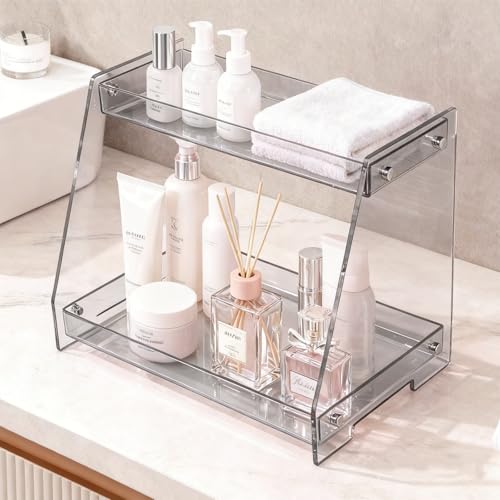 ROYALITA 2 Tier Shelf Bathroom Countertop Organizer Makeup Display Shelf - color: Gray