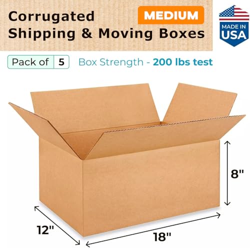IDL Packaging Medium Corrugated Shipping Boxes 18"L x 12"W x 8"H (Pack of 5) - Prime Choice of Strong Packing Boxes for USPS, UPS, FedEx Shipping - Easy-to-Recycle Cardboard Boxes for Packaging - size: 18 * 12 * 8" (Medium Boxes)