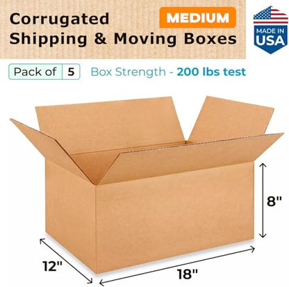 IDL Packaging Medium Corrugated Shipping Boxes 18"L x 12"W x 8"H (Pack of 5) - Prime Choice of Strong Packing Boxes for USPS, UPS, FedEx Shipping - Easy-to-Recycle Cardboard Boxes for Packaging - size: 18 * 12 * 8" (Medium Boxes)