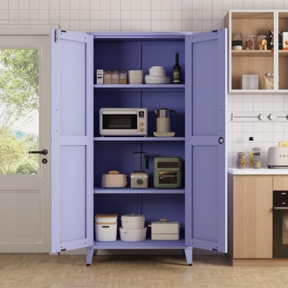 61" Tall Purple Lockable Metal Storage Cabinet, Farmhouse Pantry Cabinet with 2 Square-Pattern Doors & 3 Adjustable Shelves, Freestanding Cupboard with Legs for Home, Office, Laundry, Entryway - color: Lilac, style: Cabinet-61"H-DL