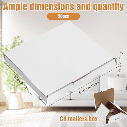 50 Pcs Cd Mailer Box, 5.9 x 5.3 x 0.7 inch Cd Shipping Boxes, Corrugated Mailing Bags for Moving, Shipping, Storage, or Small Business Packaging (White)
