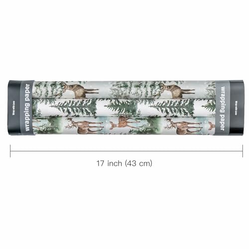 WRAPAHOLIC Kraft Christmas Wrapping Paper Roll - Mini Roll - 3 Rolls - 17 Inch x 120 Inch Per Roll - Watercolor Elk, Wild Animal and Winter Forest Landscape Holiday Collection - color: Blue Wild Animals