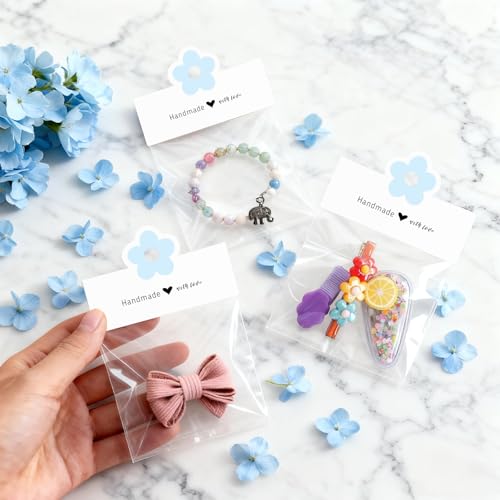 joycraft Jewelry Packaging for Small Business – 100Pcs White Bracelet Display Cards with Clear Bags, Small Handmade Jewelry Display Set for Bracelets, Key Chains, Earring, DIY Craft(Blue Flower) - color: White with Blue