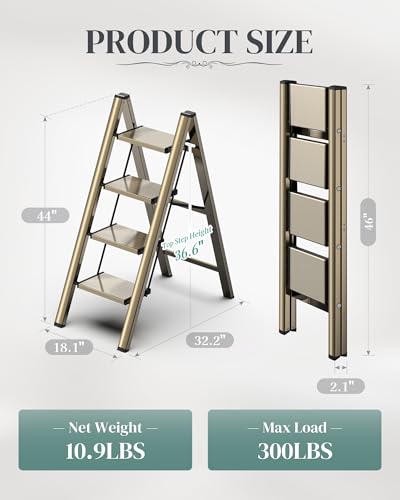 4 Step Ladder, Foldable Aluminum Step Stool with Anti-Slip Pedal - color: Champagne Gold, size: 4 Step
