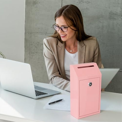 Sumerfnt Locking Cash Box with Slot, Metal Money Donation Box with Lock and 4 Keys Wall Mount, Cash Drop for Farm Stand, Self-Serve Stand, Tips, Fundraising, Pink - color: Pink