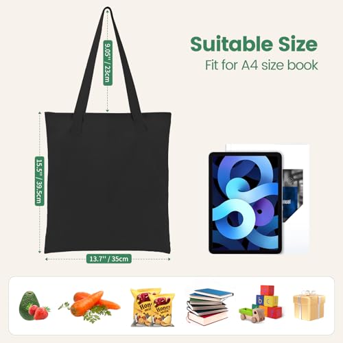 Carbrea 12 Pack Thin Canvas Tote Bags Bulk, Reusable Grocery Bags - Black - color: Black, size: Medium