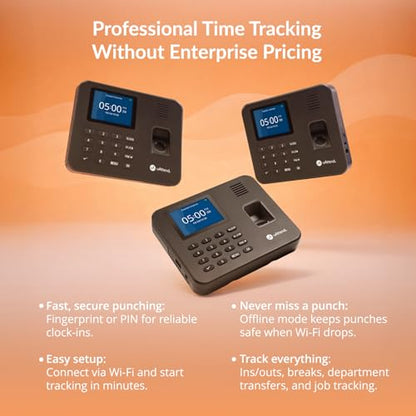 uAttend RE2000 Biometric Time Clock for Employees – Fingerprint + PIN Punching, Wi‑Fi Cloud Time & Attendance System with Offline Storage, Payroll-Ready – Small Business Time Tracking