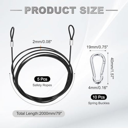PATIKIL 78.7" Safety Cable Lock Security Wire Ropes w 10 Spring Buckle 5Pcs - color: Black, size: 78.7 Inch