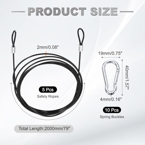 PATIKIL 78.7" Safety Cable Lock Security Wire Ropes w 10 Spring Buckle 5Pcs - color: Black, size: 78.7 Inch