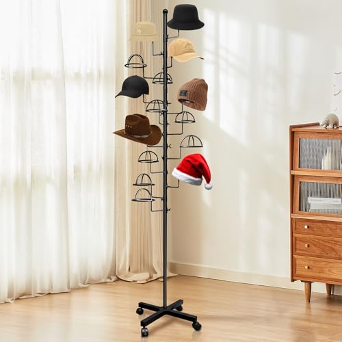 Montex Freestanding Hat Rack Stand, Wig Display Stand, Metal Hat Organizer Rack with 14 Customisable Circular Hooks, Hats Tree Stand Floor Standing Hat Display, Black - color: Black