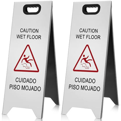 MorningRo 2 Pcs 24 Inch Stainless Steel Wet Floor Sign, Silver - color: Silver