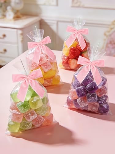 24 Pcs Pink Small Velvet Twist Tie Bows, Velvet Ribbon Bows with Clip for Gifts Bag, Gift Wrapping, Crafts, DIY Treat Bags, Home Decor 1" W,3.5 x 3.5 inch