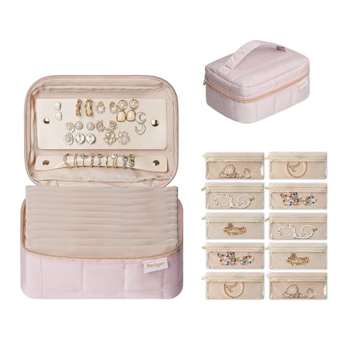 KarSyon Travel Jewelry Case Organizer Boxes with 10 Velvet Zipper Pouches - color: Pink, size: Large