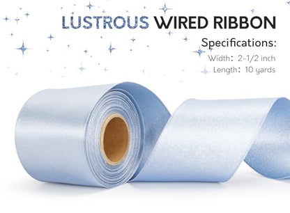 Keypan Light Blue Satin Ribbon Wired Silver Glitter 2-1/2 Inch x 10 Yards - color: Glitter Light Blue, size: 2-1/2"