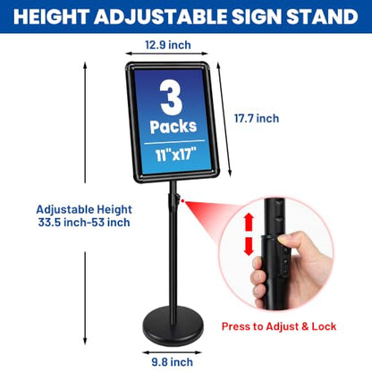 3Pack 11x17 Sign Holder Stand, Adjustable Floor Standing Sign Holder - color: Black, size: 11"x17"-3Pack