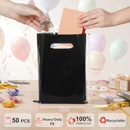 VieFantaisie 50 PCS Black Party Favor Bags, 8" x 11" Goodie Bags for Candy Treat Craft Easter Egg, Plastic Gift Bag with Die Cut Handles for Birthday Party, School Events & Small Business, Wedding - color: Black-50PCS-8x11Inch