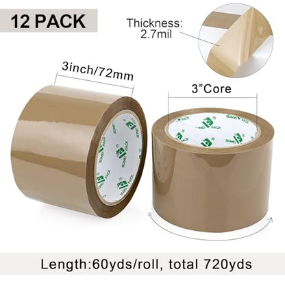 BOMEI PACK Brown Packing Tape 3 inch Wide, 12Rolls Heavy Duty Brown Packing Tape Refills Rolls for Moving Boxes, Shipping and Storage, 2.7 Mil x 60 Yards - size: 2.7mil x 60yds